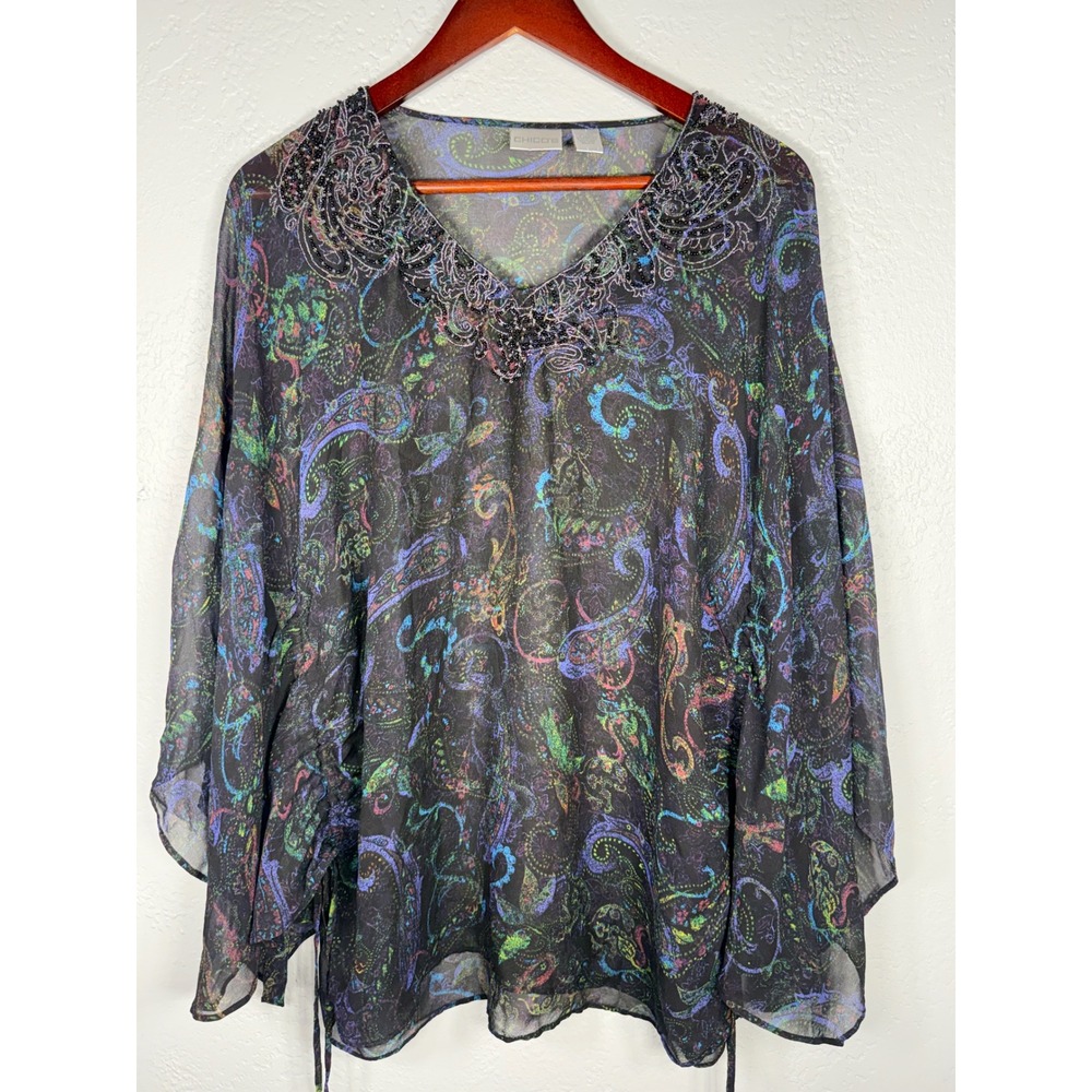 Chicos 100% Silk Paisley Beaded V-Neck Sheer Poncho Blouse Black Multi S/M